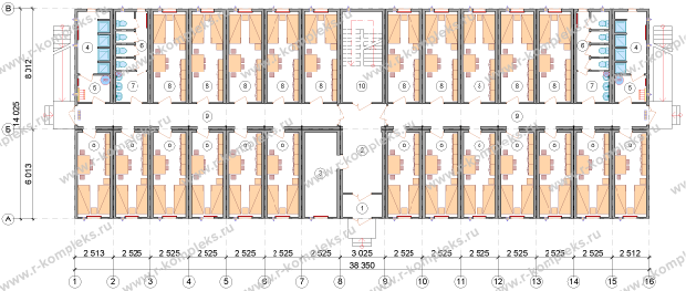 Модульное здание «Общежитие на 184 человека», планировка, 1 этаж