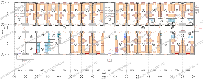 Модульное здание «Общежитие на 118 человек», планировка, 1 этаж