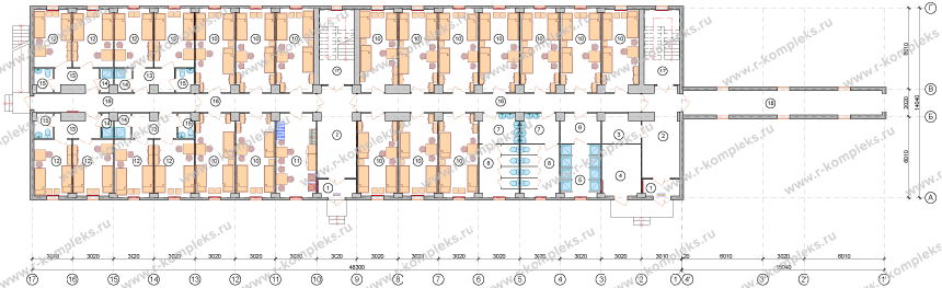 Модульное здание «Общежитие на 130 человек», планировка, 1 этаж
