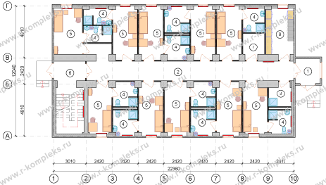 Модульное общежитие на 20 человек, планировка, 1 этаж