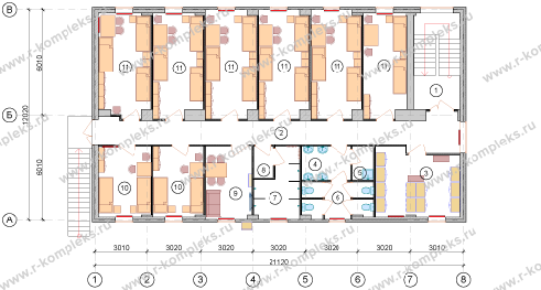 Модульное общежитие на 42 человека, планировка, 2 этаж
