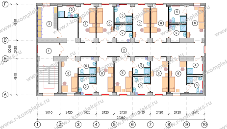 Модульное общежитие на 20 человек, планировка, 2 этаж