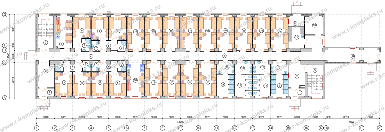 Модульное общежитие на 120 человек, планировка, 1 этаж