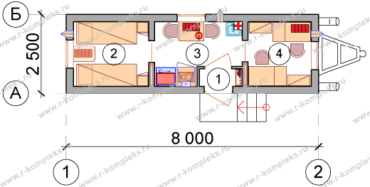 Мобильное «Общежитие на 2(4) человек» на несъёмных полозьях, планировка