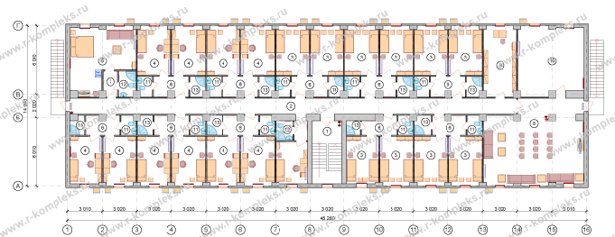 Модульное здание «Общежитие на 70 человек», планировка, 2 этаж