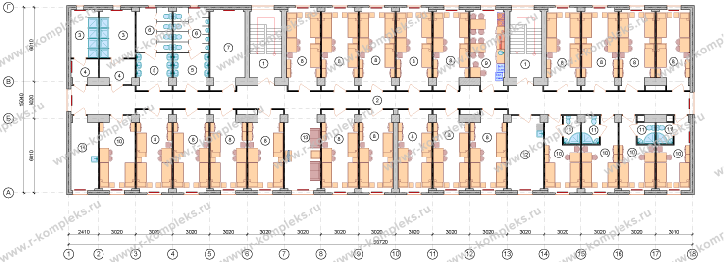 Быстровозводимое общежитие на 120 человек, планировка, 2 этаж