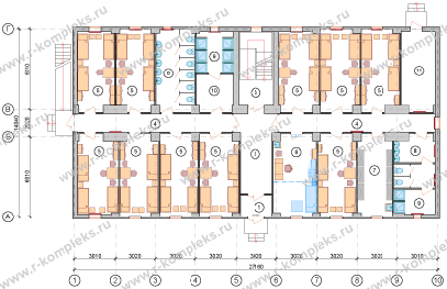Модульное здание «Общежитие на 63 человека», планировка, 1 этаж