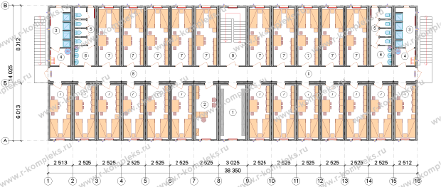Модульное здание «Общежитие на 184 человека», планировка, 2 этаж