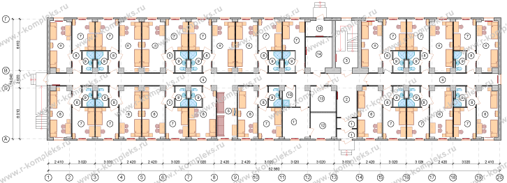 Модульное здание «Общежитие для ИТР на 101 человека», планировка, 1 этаж