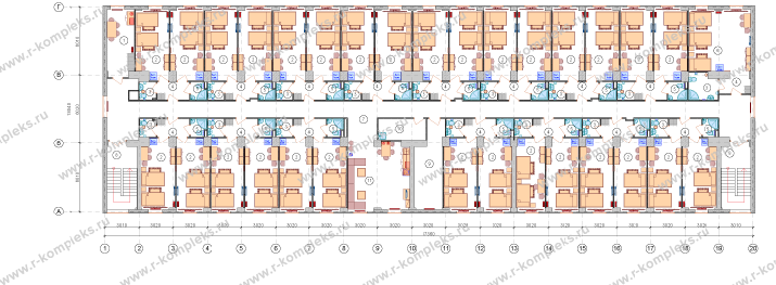 Модульное 3-х этажное общежитие на 160 ИТР, планировка, 3 этаж