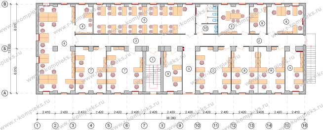 Модульное здание «Офис на 90 человек», планировка, 2 этаж