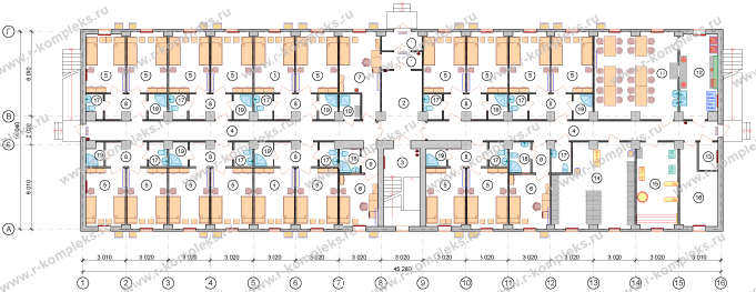 Модульное здание «Общежитие на 70 человек», планировка, 1 этаж