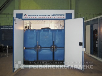 Внешний вид системы водоподготовки воды из артезианской скважины производительностью 0,6 м³/час в блок-контейнере (2,7х4х2,6 м)